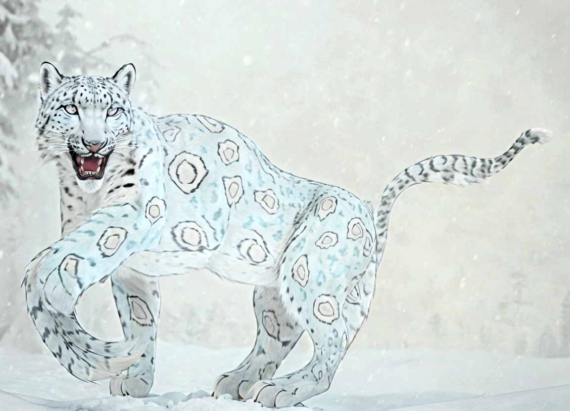 A giant snow leopard, white with grey and blue spotted, ((3 giant very lonh fangs in the lower part of the mouth)), photorealistic, 8k, uhd, masterpiece, in a snow land in the edge of a forest