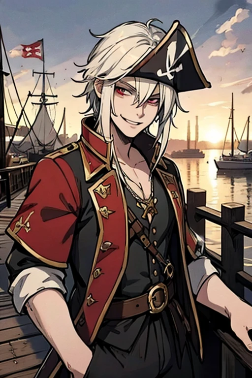 A young white haired man with red eyes in a pirates's outfit is smiling on the dock of a pirate city