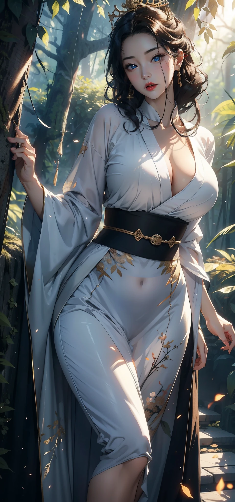 1 female,45 years old,Large ,Long legs,Big brein waist, 照片曝Light,(background:In the woods,Rainforest,In the summer,gale) She has short black hair,,curls,red lips,stand up,Front view, OK, Gloomy sky,(((masterpiece),(Highly detailed CG Unity 8k wallpaper),最OK质量,Light,详细background,Beautiful blue eyes,(Very delicate and beautiful),(Beautiful and detailed description of the eyes),Super detailed,masterpiece,)),face camera,high resolution,Super detailed),House violence,Sexy bulge,Japanesrincess(wear:White transparent robe,veil,Golden crown)