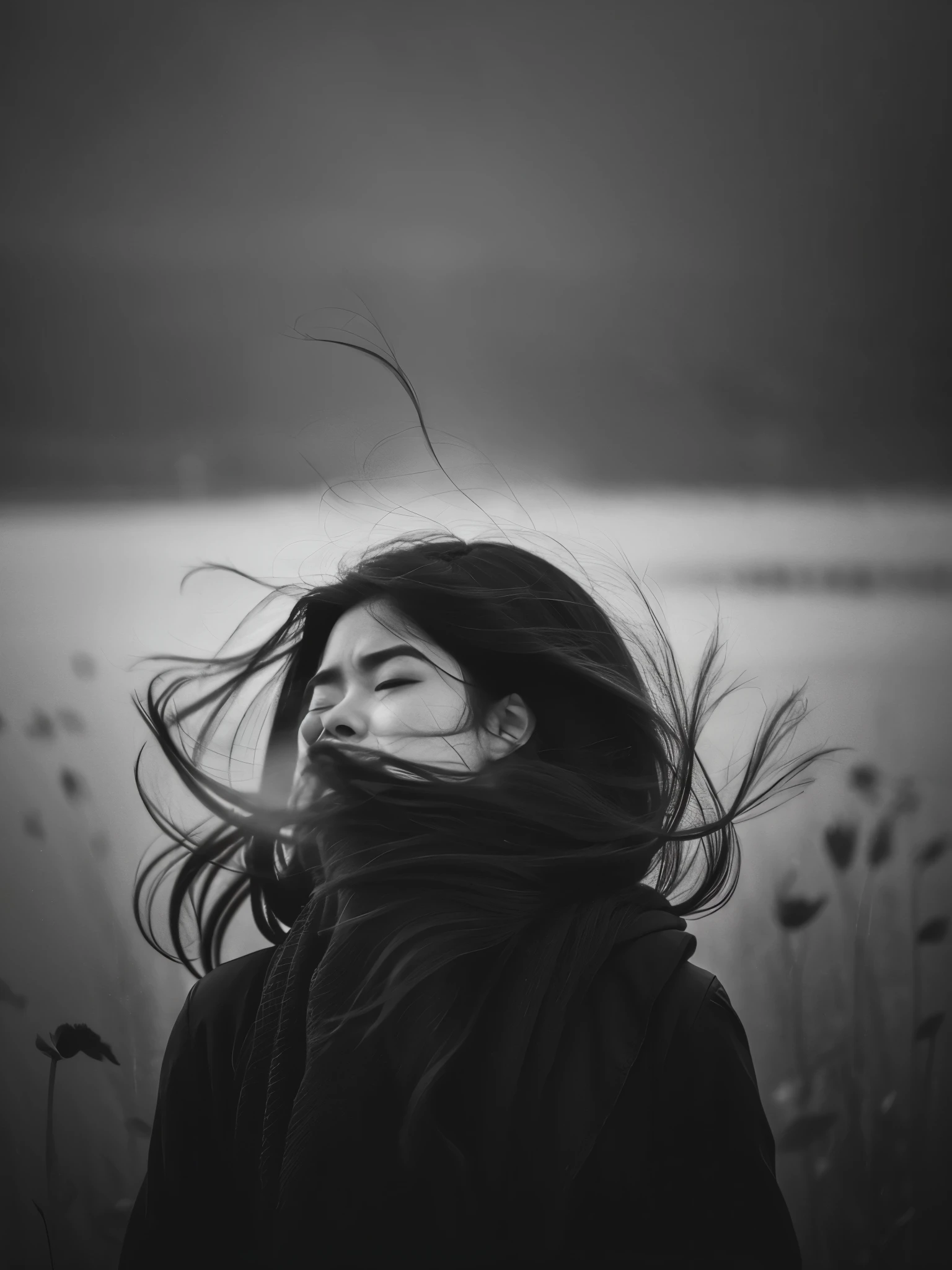 a black and white photo look From behind the thick fog appeared of a uzbek woman's face with strands of hair blowing in the wind covering her face by irakli nadar, open eyes, dynamic pose, floating hair, perfect object, foggy weather, motion blur, tumblr, flora borsi, melancholic art, emotive portrait, wlop, 8k, artistic, surreal portrait photography, yuri shwedoff and tom bagshaw