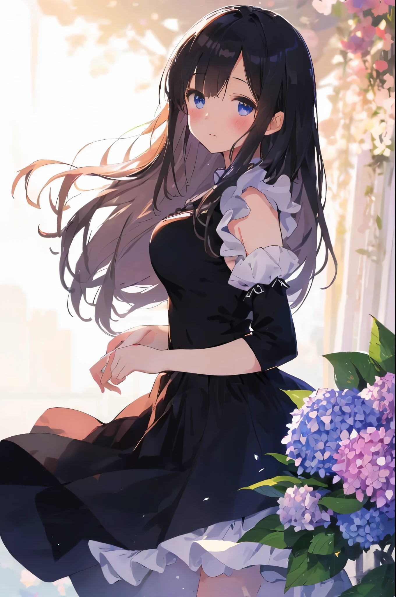 best quality, masterpiece, (solo:1.2), (1 Female:1.2)、Age 25、Larger breasts、(Slender figure)、(Maidスタイル)、Maid、(from side)、Thighs、(White highlight in pupil:1.2)、Dark blue eyes、(Black-haired:1.2)、(Long Hair)、(View your viewers:1.2)、White skin、(blush)、(Embarrassed expression)、Wooden veranda、(I blur the background a lot to make the woman stand out.:1.3)、(The sunlight shines in)、(Half backlight)、(Beautiful hydrangea flowers for background)、(Front blur)、(I see a rainbow in the distance)