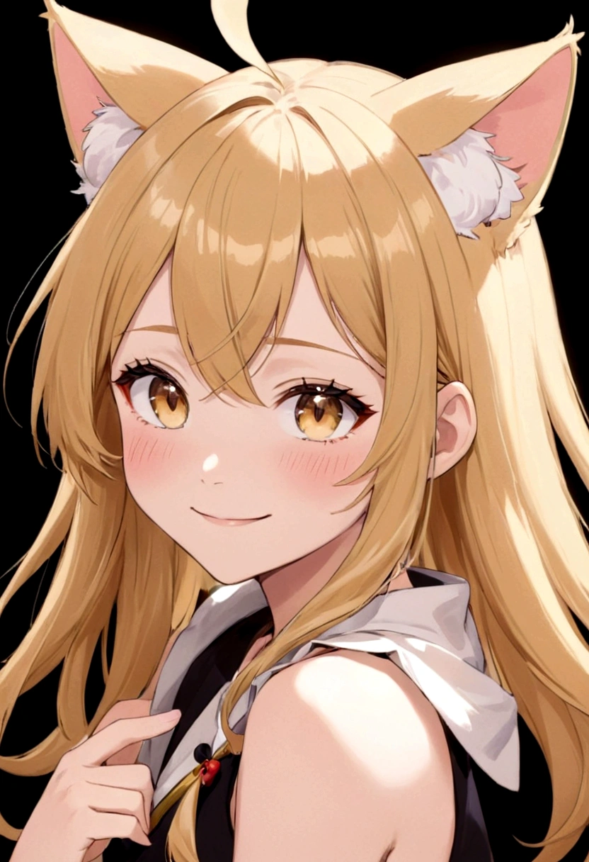 ear blush, blonde hair, long hair, swept bangs, mismatched pupils, sanpaku, cat ears, smile, anime style, tachi-e, HD, black background