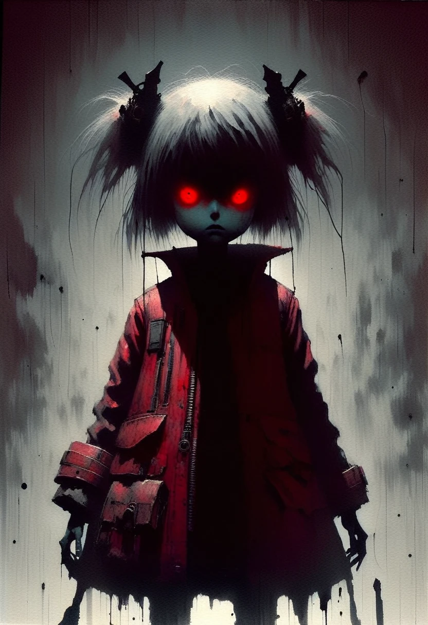 Ashley Wood style, dark scarlet, Chemiluminescence, girl, (minimalism: 1), ray tracing details...Stephen Gammell Style - Iaaya in the style of Stephen Gammell
