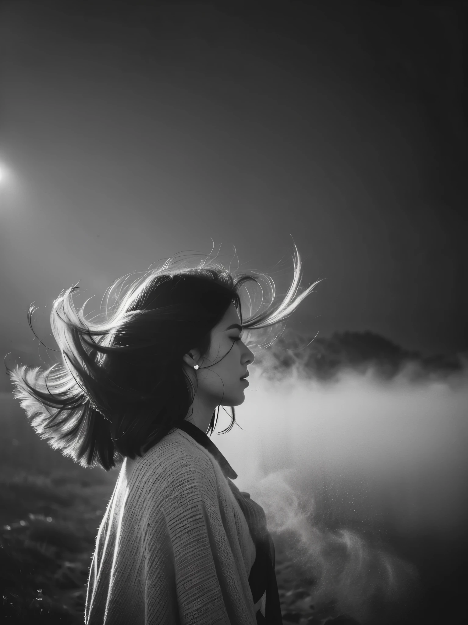 a black and white photo look From behind the thick fog appeared of a uzbek woman's face with strands of hair blowing in the wind covering her face by irakli nadar, open eyes, dynamic pose, floating hair, perfect object, foggy weather, motion blur, tumblr, flora borsi, melancholic art, emotive portrait, wlop, 8k, artistic, surreal portrait photography, yuri shwedoff and tom bagshaw