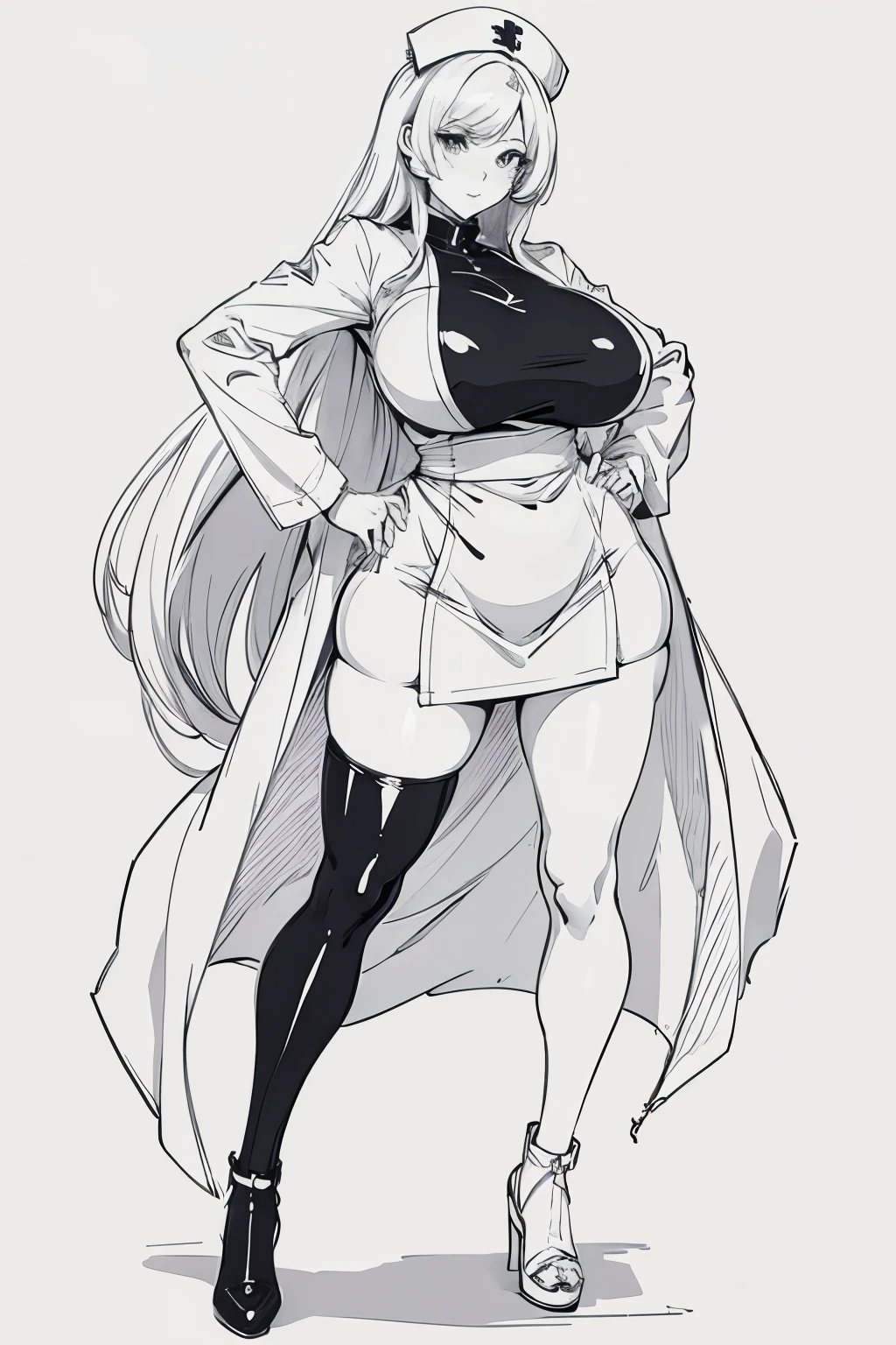 milf sketch, lineart, anime woman big, big proportions, sexy, full body, nurse, white background, white, pencil, line,
