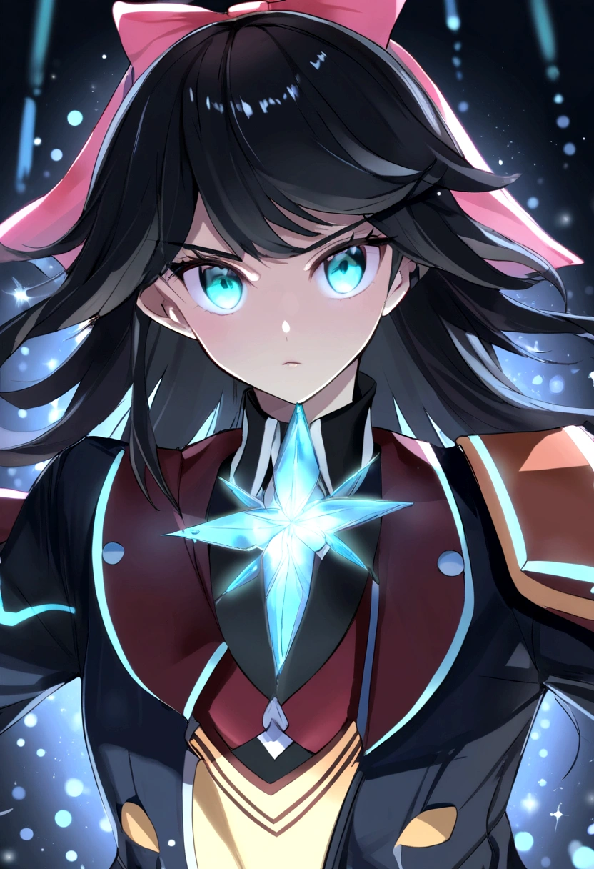 una chica anime de ojos rojos, black hair with pink highlights with a small hair bow with small blue and yellow cubes decorated on the bow, en el lado derecho de la cabeza. Ella viste un uniforme escolar destrozado por un combate. Tiene varias heridasus ojos brillan mientras expresa furia por sus ojos