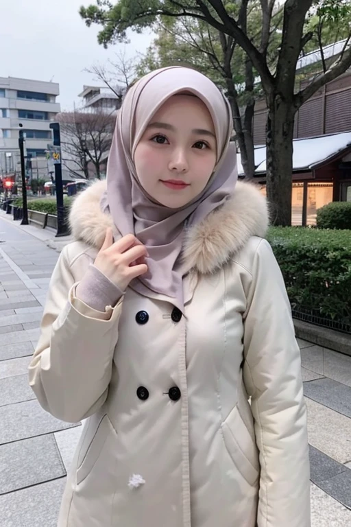 Best quality, 4K, 8K, Detailed faces,fully body photo, Clear face, Japanese muslim girl, 21 years old girl, Perfect body figure, Long slim legs, Pasmina hijab, Long down jacket with hood, Fur trim jacket, White jacket, Snowy Tokyo background 