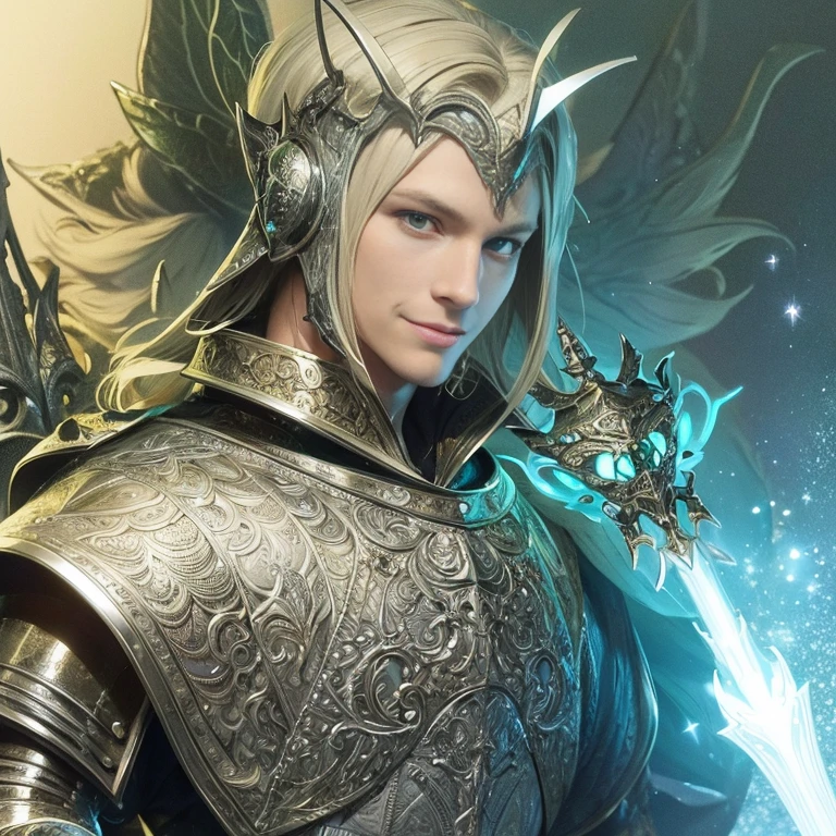 Illustration for a fairy tale, masterpiece, Fantasy World, cute blond handsome knight in shiny silver armor, stupid smug facial expression, wide Hollywood smile, with a large green toad on his shoulder, Detailed image, many small details, Intricate details, high quality textures, High quality, 