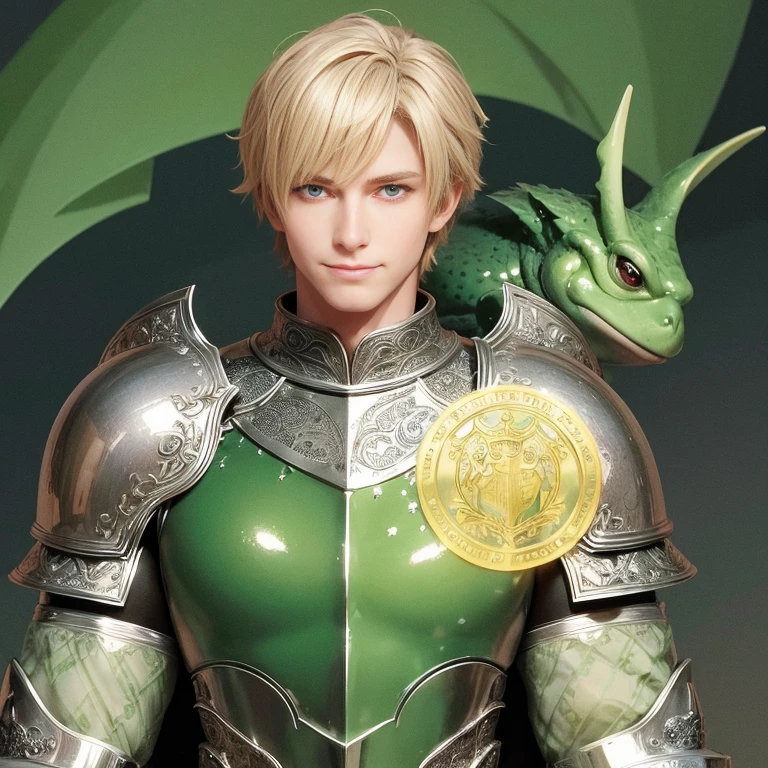 Illustration for a fairy tale, masterpiece, Fantasy World, cute blond handsome knight in shiny silver armor, stupid smug facial expression, wide Hollywood smile, with a large green toad on his shoulder, Detailed image, many small details, Intricate details, high quality textures, High quality, 