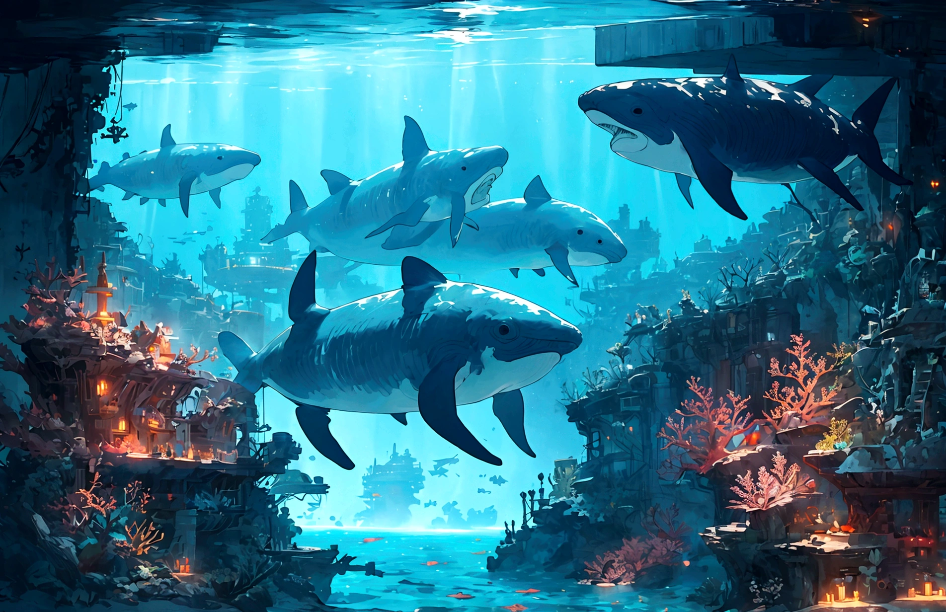 A massive underwater city with submarines and coral reefs, sunken ships, whales, bubbles, 