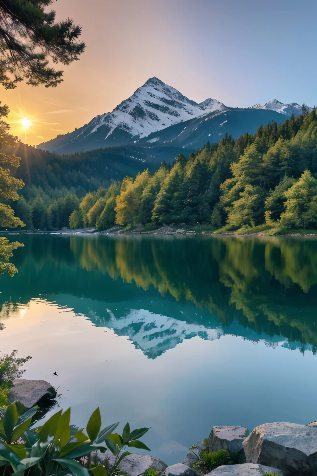 Imagine standing on the edge of a vast, serene lake surrounded by towering, snow-capped mountains. The water is so still it mirrors the clear blue sky above, creating a perfect reflection of the peaks and fluffy white clouds. Along the shoreline, a dense forest of evergreen trees stretches endlessly, their rich green hues contrasting with the white and blue surroundings. A gentle breeze rustles the leaves, carrying the scent of pine and fresh earth. In the distance, a waterfall cascades down a rocky cliff, its sound a soothing backdrop to the tranquility. Birds chirp melodiously, and occasionally, a deer emerges from the forest to drink from the lake. The sun begins to set, casting a golden glow over the entire landscape, painting the sky in shades of pink, orange, and purple, and turning the lake into a shimmering mirror of colors. This is a place where time seems to stand still, and nature's beauty is at its most magnificent.