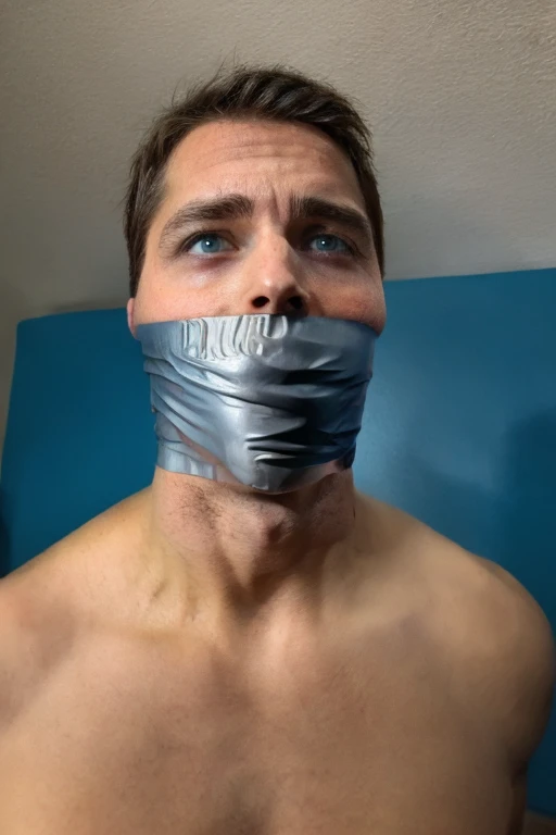 handsome man half body, naked, short hair, tape wrapped, wrap gag, tightly bound, tape wrapped around face