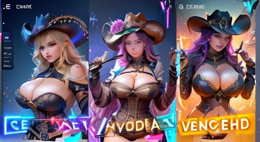 A group of screenshots of women wearing different outfits, Female Sheriff, Roaring Rose, Bizarre fey traits, wealth league of legends, Hot game graphics, Game image, Angry Moral Sexy Werewolf, wealth, Firmware version, Popular on cgstation, Cute sexy ass, Capability Image, Team Features, Endless Duel, Western Cowgirl, Lively personality, new role(((Full and soft breasts,)))(((Large Breasts))) (((Cleavage))),