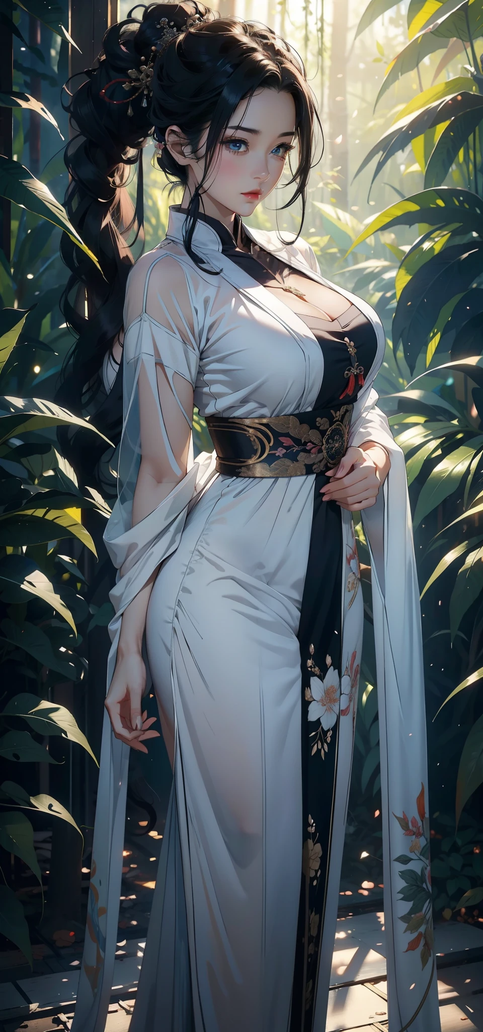 1 female，45 years old，Large Breasts，Long legs，Big breasts and thin waist， 照片曝Light，（background：In the woods，Rainforest，In the summer，gale） She has short black hair，，curls，red lips，stand up，Front view， OK， Gloomy sky，（（（masterpiece），（Highly detailed CG Unity 8k wallpaper），最OK质量，Light，详细background，Beautiful blue eyes，（Very delicate and beautiful），（Beautiful and detailed description of the eyes），Super detailed，masterpiece，）），face camera，high resolution，Super detailed），House violence，Sexy bulge，Taoist priest（wear：White transparent robe，scarf，Hair Bun）