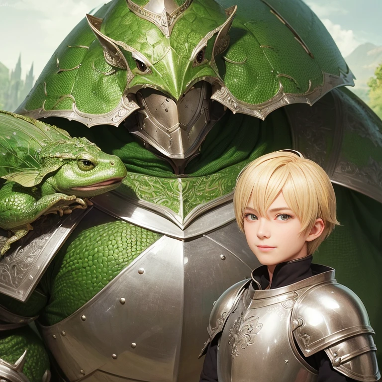 Illustration for a fairy tale, masterpiece, Fantasy World, cute blond handsome knight in shiny silver armor, stupid smug facial expression, wide Hollywood smile, with a large green toad on his shoulder, Detailed image, many small details, Intricate details, high quality textures, High quality,