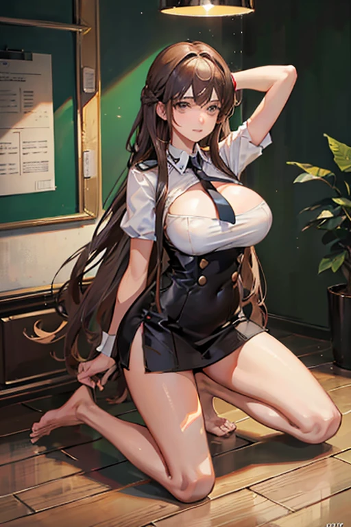 a 25 year old Italian girl with super gigantic breasts wears a  consisting of a torn blouse that cannot contain her breasts and a miniskirt, she has a slave collar and very long brown hair, she is in class in front of everyone, kneeling , bare feet, breasts tied together, arms and hands tied together