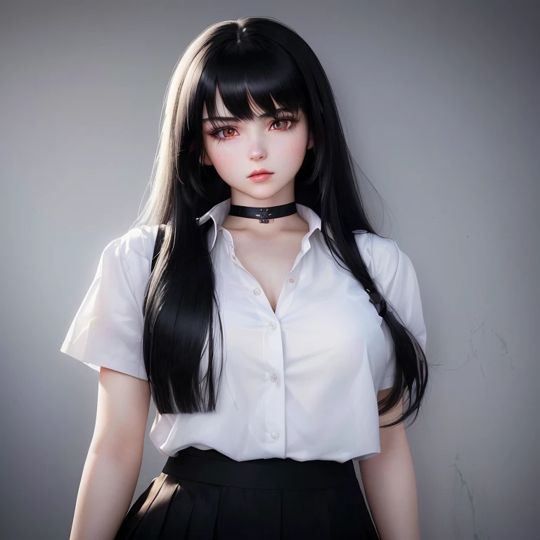 Araped woman with long black hair wearing white shirt and black skirt, hyperrealistic schoolgirl, perfect android girl, realistic young anime girl, realistic , hyperrealism , He has black hair with bangs, Just a sky doll, With long hair and sharp eyes, integrated synthetic android, Enchanting Portrait of Tifa Lockhart, Tifa Lockhart with white hair