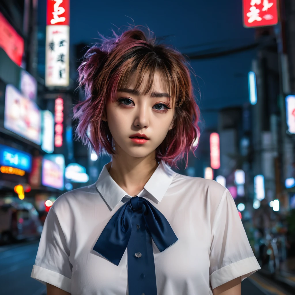 (8k, RAW photo, masterpiece:1.3), (realistic, photo-realistic:1.37), (night), (looking at viewer:1.331), (bloody hair), posing, Tokyo street, nightcityscape, cyberpunk city, soft light, 1girl, extremely beautiful face, bust, put down hands, Random hairstyle, Random expression, big eyes, lower abdomen, (short-sleeved .JK_shirt), JK_style, (dark blue short JK_skirt), (bow JK_tie), mix4., best quality