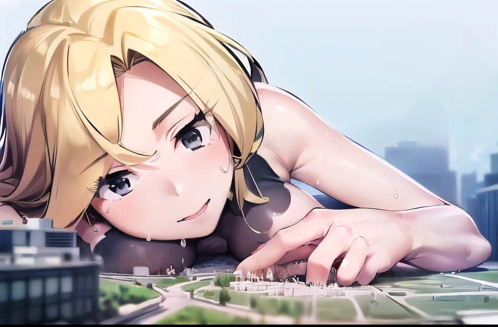 (giantess), (((huge breast), Pleasure, Long legs, Sweat, breast milk,hornet_kantaicollection,A woman seen from the side,Underarm,Dressed Woman,Woman lying on her back,Erect nipples,A woman bigger than the city,Blonde,The right move,Right Body,