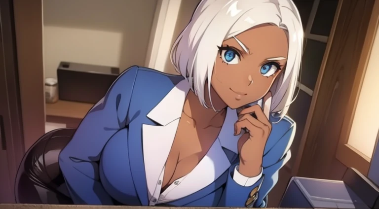 (best quality:1.2), beautiful, perfect eyes, perfect face, 1girl, solo, dark skin female, muscular female, white hair, business suit, pencil skirt, black pantyhose, cowboy shot,