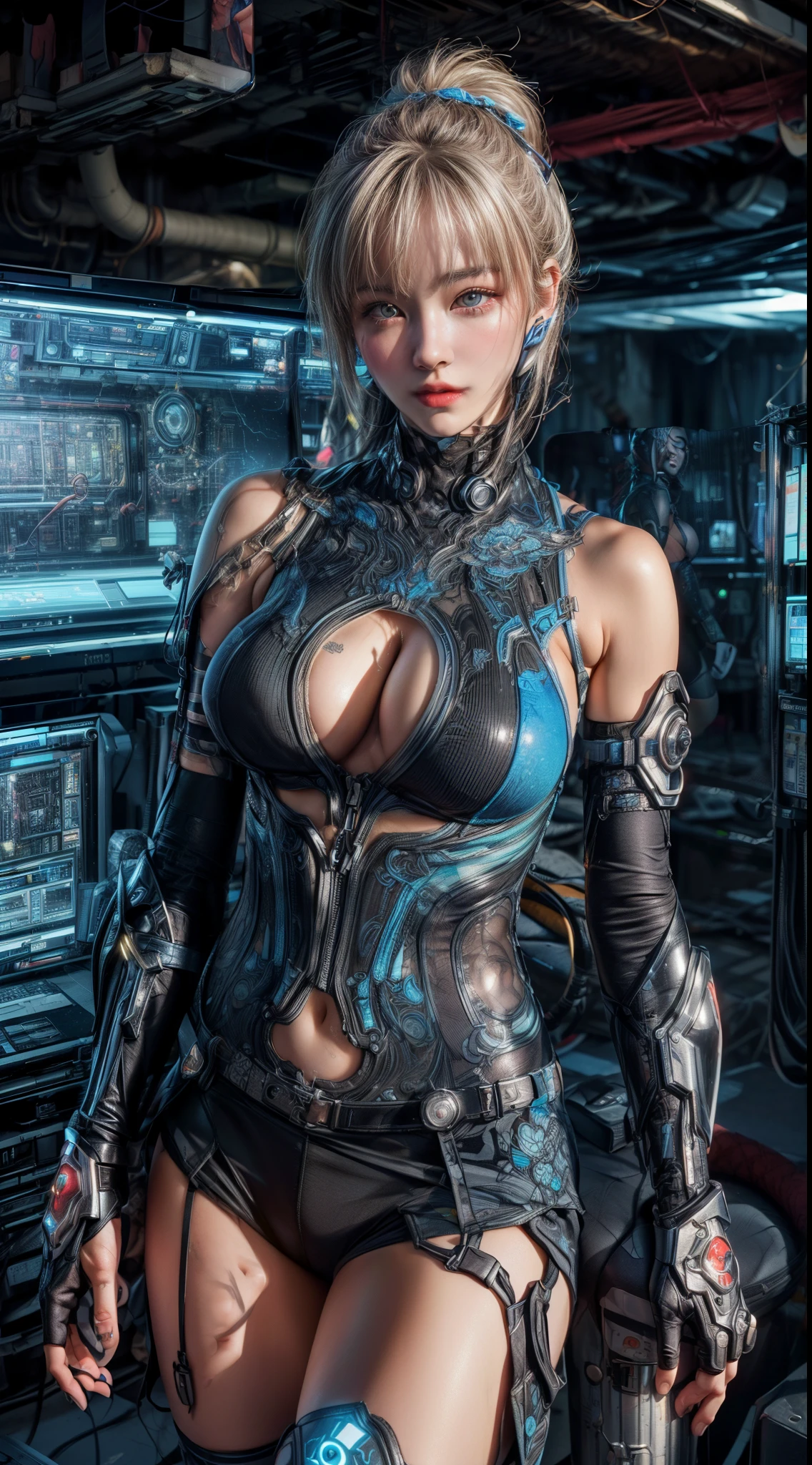 (((Different angles of view)))、(((Mr.々Sexy pose:1.2)))、((barcode))、(((Different actions:1.5)))、(smile)、Mature Woman、masterpiece,highest quality,Very detailed,(((Big Breasts)))、((Art Movement:1.2))、bite、(Abdominal muscles)、((White Hair))、((((Trendy hairstyles)))), ((Near future)),((sf)),Machinery Parts、((white, Ultra-tight plug suit with detailed decoration))、(((Shingard、Elbow Guard、Knee guard、Chest Guard、Shoulder guard、protector)))、Very beautiful woman、headset、(((Glowing Electronic Suit)))、Slender women、((cyber punk))、(((Digital Metaverse)))、((Dark virtual space))、((Neon color))、(Lots of monitors)、((Fluorescent lights in a server room))、((Lots of electronics))、(((Connect with code)))、(Detailed face)、Realistic Skin、((Delicate photo)),(少女のmasterpiece、Photo Details:1.25), (highest quality:1.6), (超A high resolution:1.5), (Realistic:1.75), 8K resolution, Canon EOS R5, 50mm, Absurd, Very detailed,Cinema Lighting,Browsing Caution:0.8、((Powered Suit))