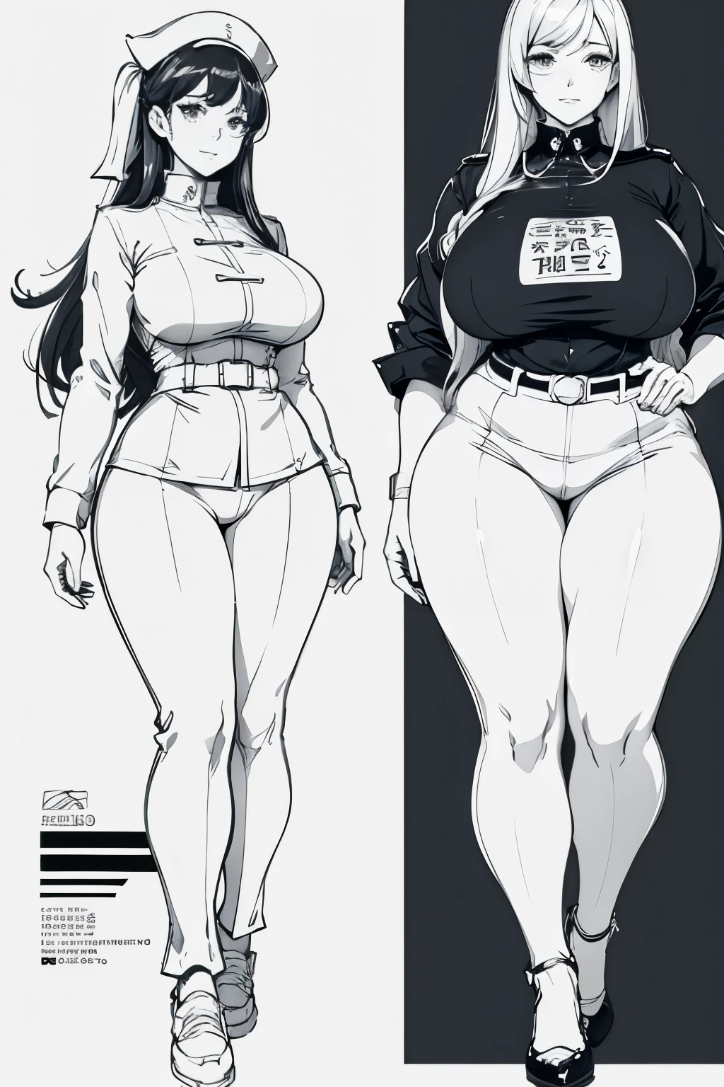 milf sketch, lineart, anime woman big, big proportions, policeman, full body, nurse, white background, white, pencil, line,