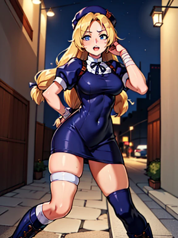 masterpiece, best quality, very aesthetic, absurdres, (newest) explicit, looking ar viewer, alley, Night, outdoors, 1girl, (HinakoMS:1.4), hat, blue eyes, short dress, beret, bandages, ribbon, knee pads, short sleeves, blue boots, fight pose, arm over head, pale skin, open mouth, wide hips, (solo focus)