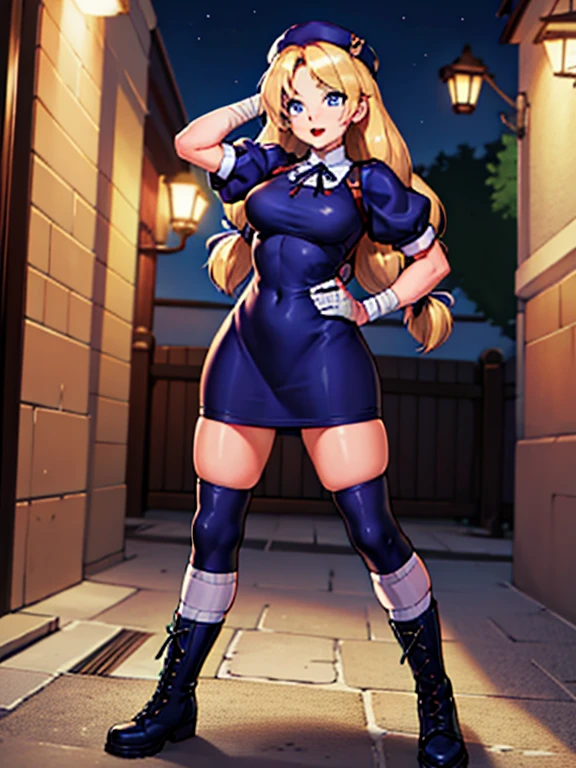 masterpiece, best quality, very aesthetic, absurdres, (newest) explicit, looking ar viewer, alley, Night, outdoors, 1girl, (HinakoMS:1.4), hat, blue eyes, short dress, beret, bandages, ribbon, knee pads, short sleeves, blue boots, fight pose, arm over head, pale skin, open mouth, wide hips, (solo focus)