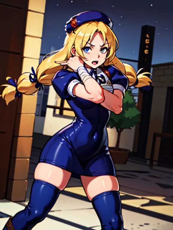 masterpiece, best quality, very aesthetic, absurdres, (newest) explicit, looking ar viewer, alley, Night, outdoors, 1girl, (HinakoMS:1.4), hat, blue eyes, short dress, beret, bandages, ribbon, knee pads, short sleeves, blue boots, fight pose, arm over head, pale skin, open mouth, wide hips, (solo focus)