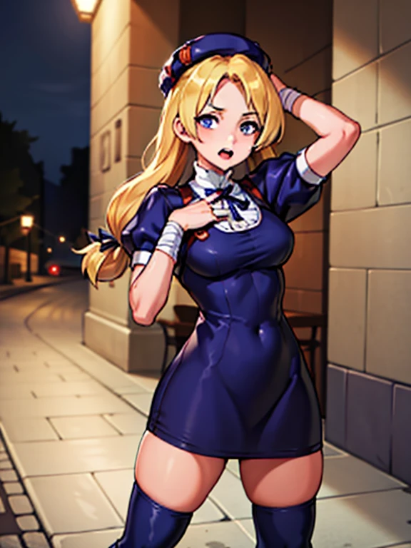 masterpiece, best quality, very aesthetic, absurdres, (newest) explicit, looking ar viewer, alley, Night, outdoors, 1girl, (HinakoMS:1.4), hat, blue eyes, short dress, beret, bandages, ribbon, knee pads, short sleeves, blue boots, fight pose, arm over head, pale skin, open mouth, wide hips, (solo focus)