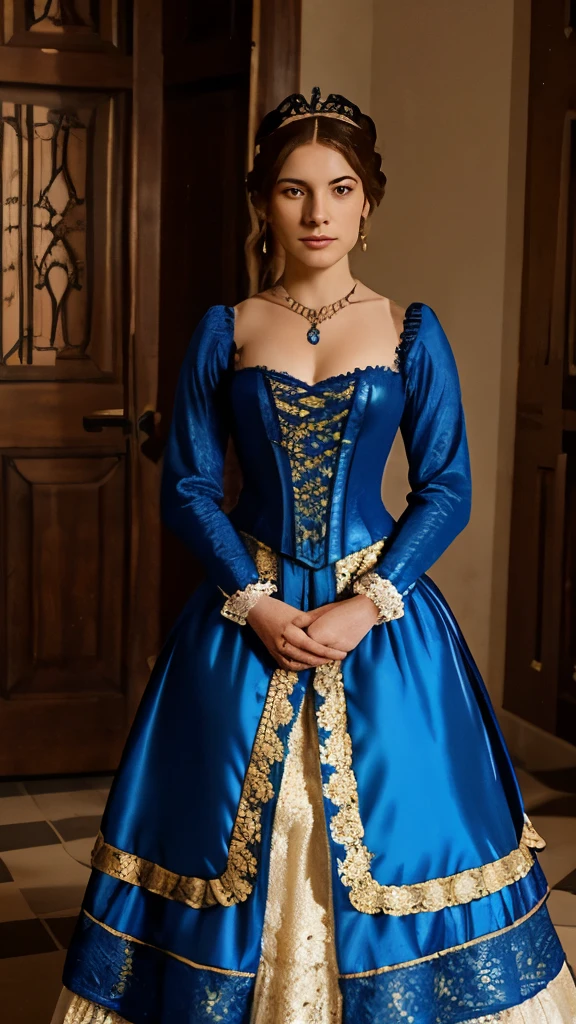 a woman in a dress with a necklace, costume with blue accents, in a high renaissance style, dressed in a medieval lacy, blue corset, in a renaissance style, corset, beautiful costume, 1 7 th century duchess, georgian dress amazing fabric, with victorian clothing, # rococo, intricate victorian dress, 1 8 th century style, wearing corset