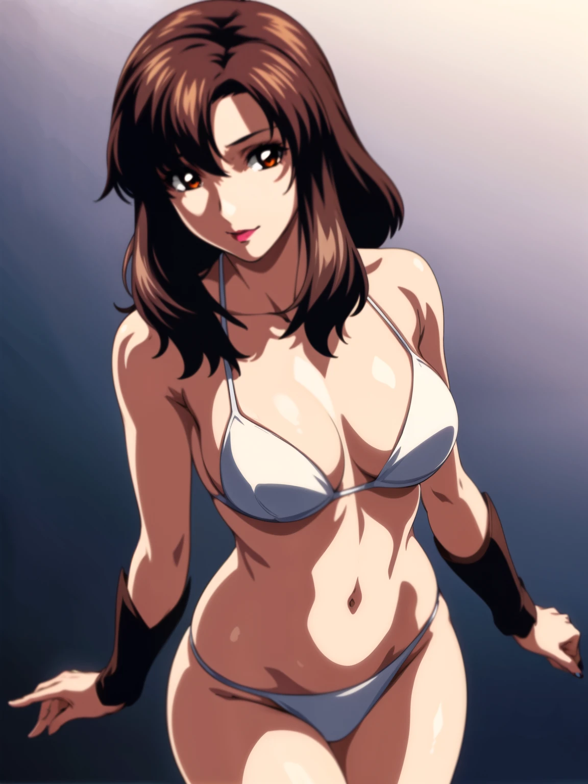 Simple Background, White Background, standing, bikini, cowboy shot, medium hair
bangs, brown hair, red eyes, lipstick, makeup,
1 girl, Young female, Beautiful long legs, Beautiful body, Beautiful Nose, Beautiful character design, perfect eyes, perfect face, expressive eyes, perfect balance,
(masterpiece:1.0),(best_quality:1.0), ultra high res,4K,ultra-detailed,