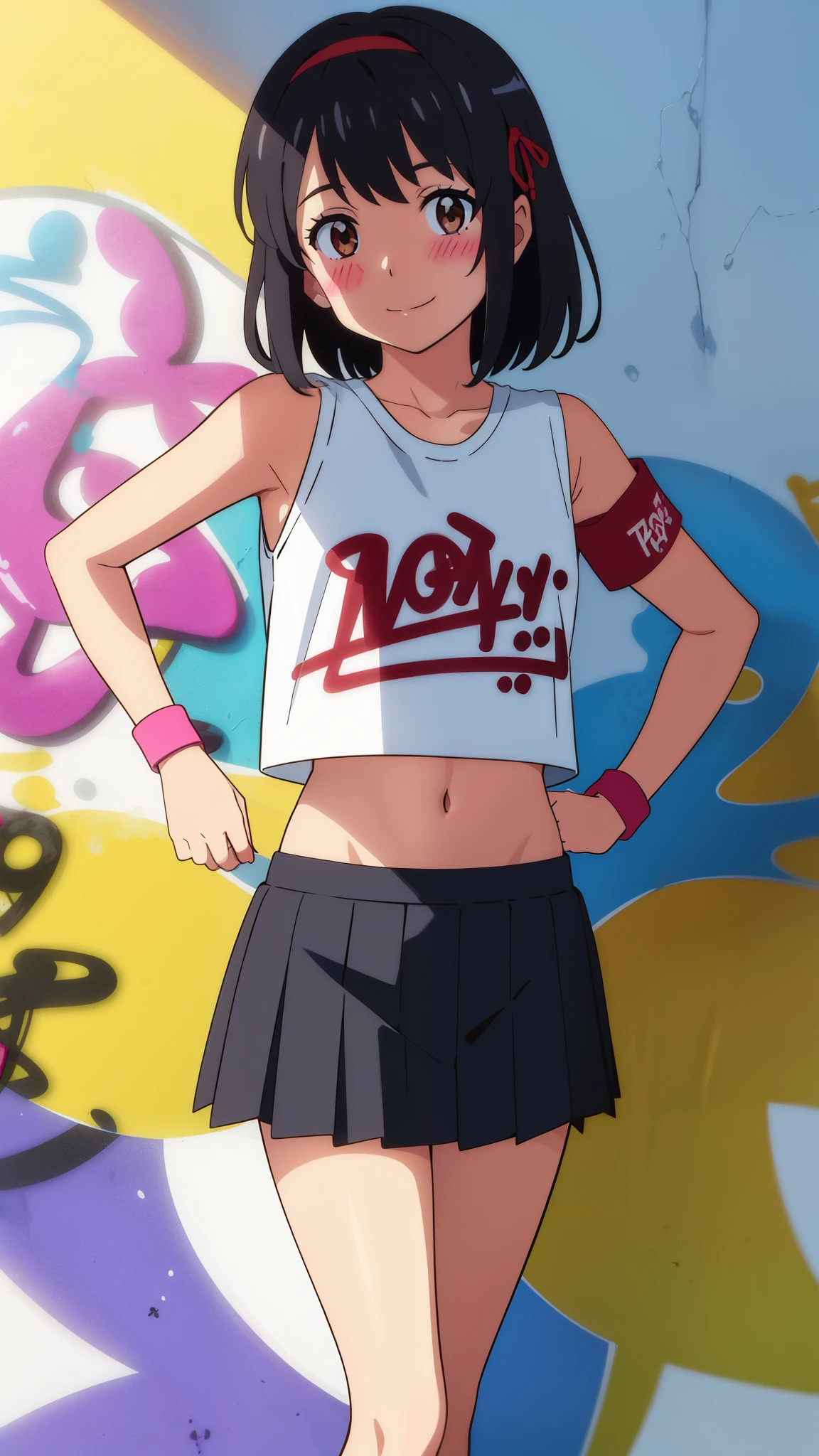shinkai makoto, kimi no na wa., 1girl, bangs, black hair, blush, brown eyes, shinny skin, crop top, looking at the viewer, red headband, red ribbon, short hair, smile, cute, solo, pleated skirt, bare shoulders, smile, paint splatter, against wall, armband, head tilt, perfect body, best quality, masterpiece, (graffiti:1.5)
