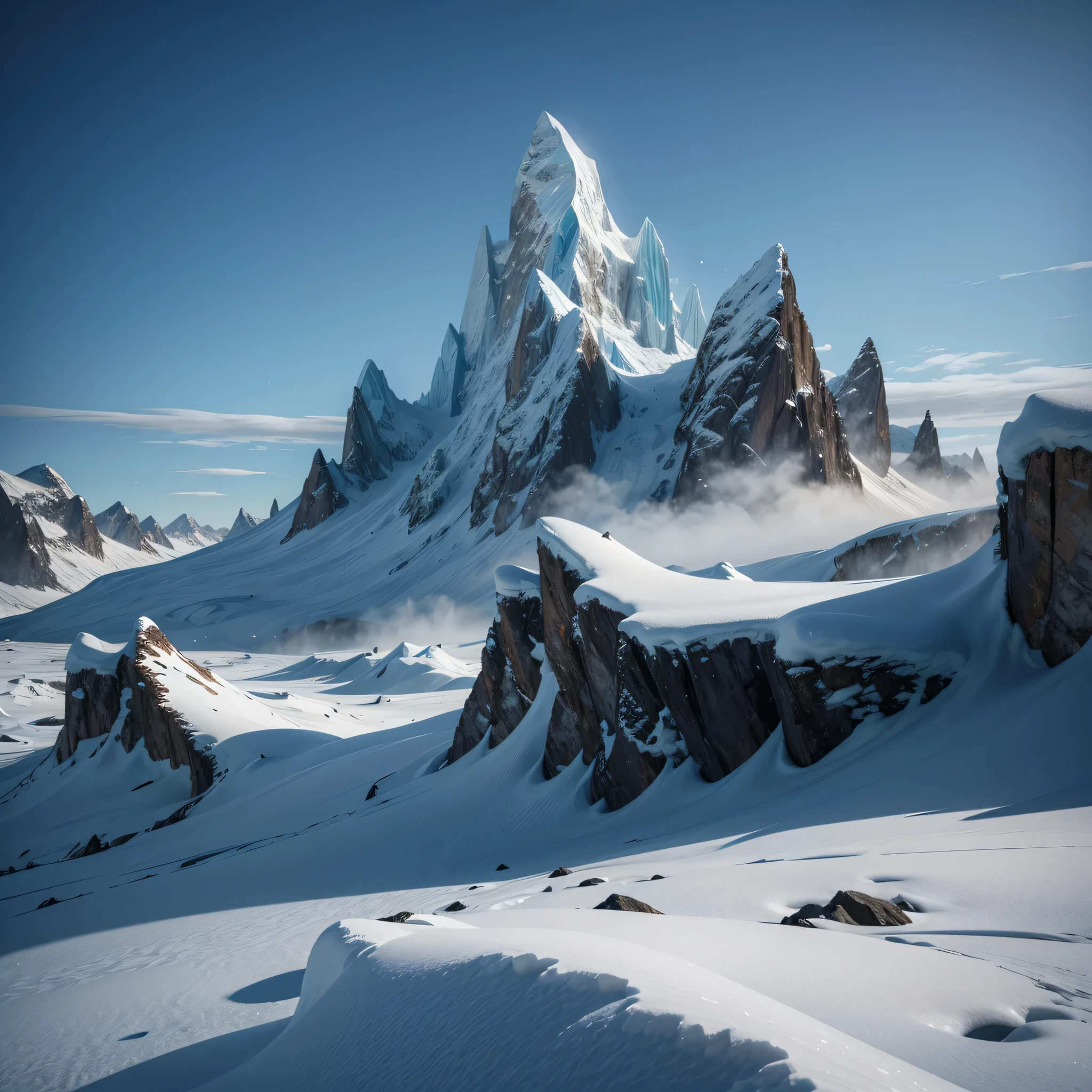 Create a desolate and extreme icy mountain landscape. The scene should feature towering snow-covered peaks with sharp, jagged rock formations. The environment should look cold and inhospitable, with a sense of isolation and danger. Include glaciers and frozen wastelands, and ensure the overall atmosphere is frosty with a clear, blue sky. Add a touch of mist or snowstorm effects for a dramatic touch. The composition should convey the raw power and purity of nature in a remote arctic wilderness