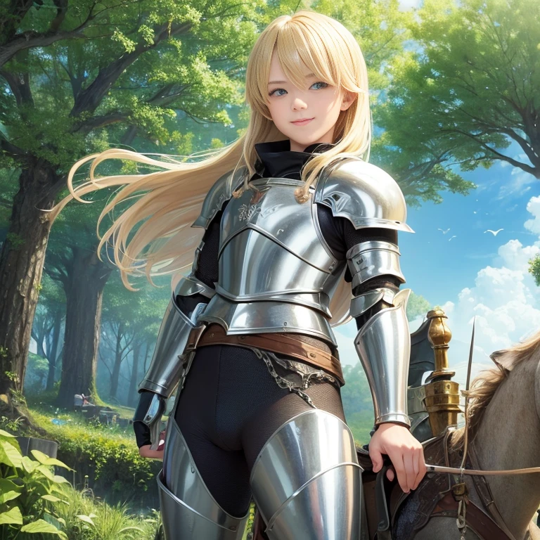 Illustration for a fairy tale, masterpiece, Fantasy World, cute blond handsome knight in shiny silver armor, stupid smug facial expression, wide Hollywood smile, a large toad always sits on the knight's shoulder, Detailed image, many small details, Intricate details, high quality textures, High quality,
