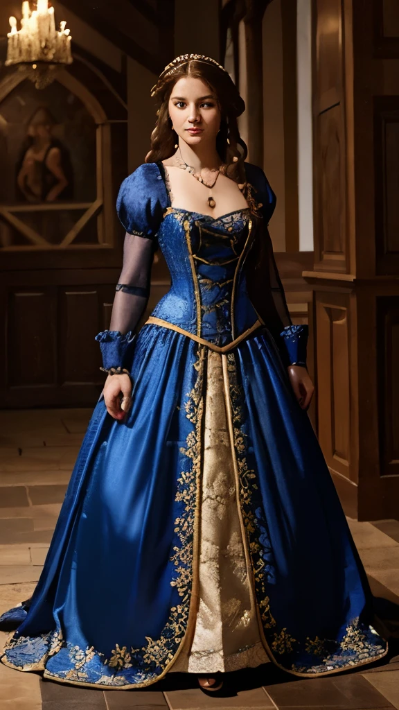  a woman in a dress with a necklace, costume with blue accents, in a high renaissance style, dressed in a medieval lacy, blue corset, in a renaissance style, corset, beautiful costume, 1 7 th century duchess, georgian dress amazing fabric, with victorian clothing, # rococo, intricate victorian dress, 1 8 th century style, wearing corset