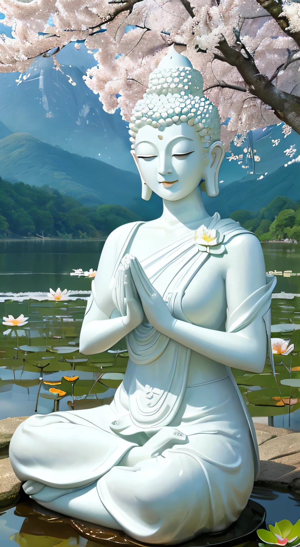 (Masterpiece),(Best quality),(Ultra-detailed), (Body:1.2), 1 Buddha statue, White skin, Amitayus, sitting on a lotus flower, Chant the Buddha's name with both hands, temples, wearing an outfit, White skin, face round, kind, gentle, look, Mountains, green trees, Cherry blossoms, forest, Birds, Clouds, dew, En plein air, Bright, fresh, Green, White skin, (Beautiful detailed face), (Eyes closed), (surrealism),