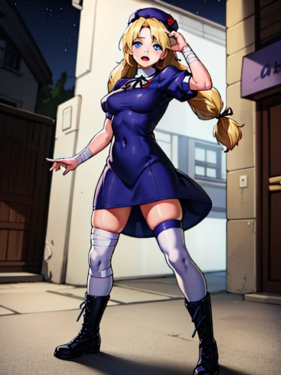 masterpiece, best quality, very aesthetic, absurdres, (newest) explicit, looking ar viewer, alley, Night, outdoors, 1girl, (HinakoMS:1.4), hat, blue eyes, short dress, beret, bandages, ribbon, knee pads, short sleeves, blue boots, fight pose, arm over head, pale skin, open mouth, wide hips, (solo focus)