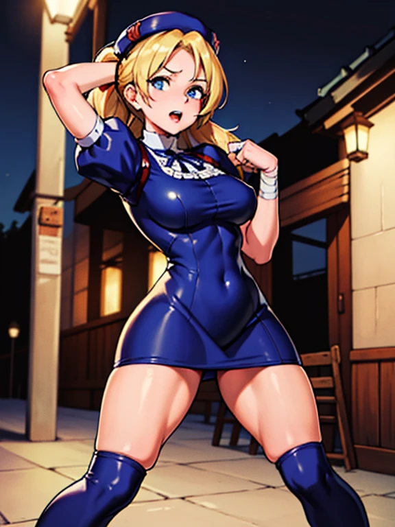 masterpiece, best quality, very aesthetic, absurdres, (newest) explicit, looking ar viewer, alley, Night, outdoors, 1girl, (HinakoMS:1.4), hat, blue eyes, short dress, beret, bandages, ribbon, knee pads, short sleeves, blue boots, fight pose, arm over head, pale skin, open mouth, wide hips, (solo focus)