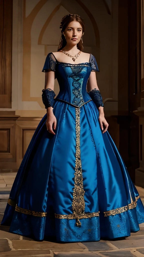  a woman in a dress with a necklace, costume with blue accents, in a high renaissance style, dressed in a medieval lacy, blue corset, in a renaissance style, corset, beautiful costume, 1 7 th century duchess, georgian dress amazing fabric, with victorian clothing, # rococo, intricate victorian dress, 1 8 th century style, wearing corset