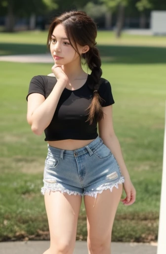 (Best quality, masterpiece), thick thighs, standing, One, 1 Girl,full length, ,denim shorts, Brown hair, Hair braided in a ponytail, Slender legs , Large thighs