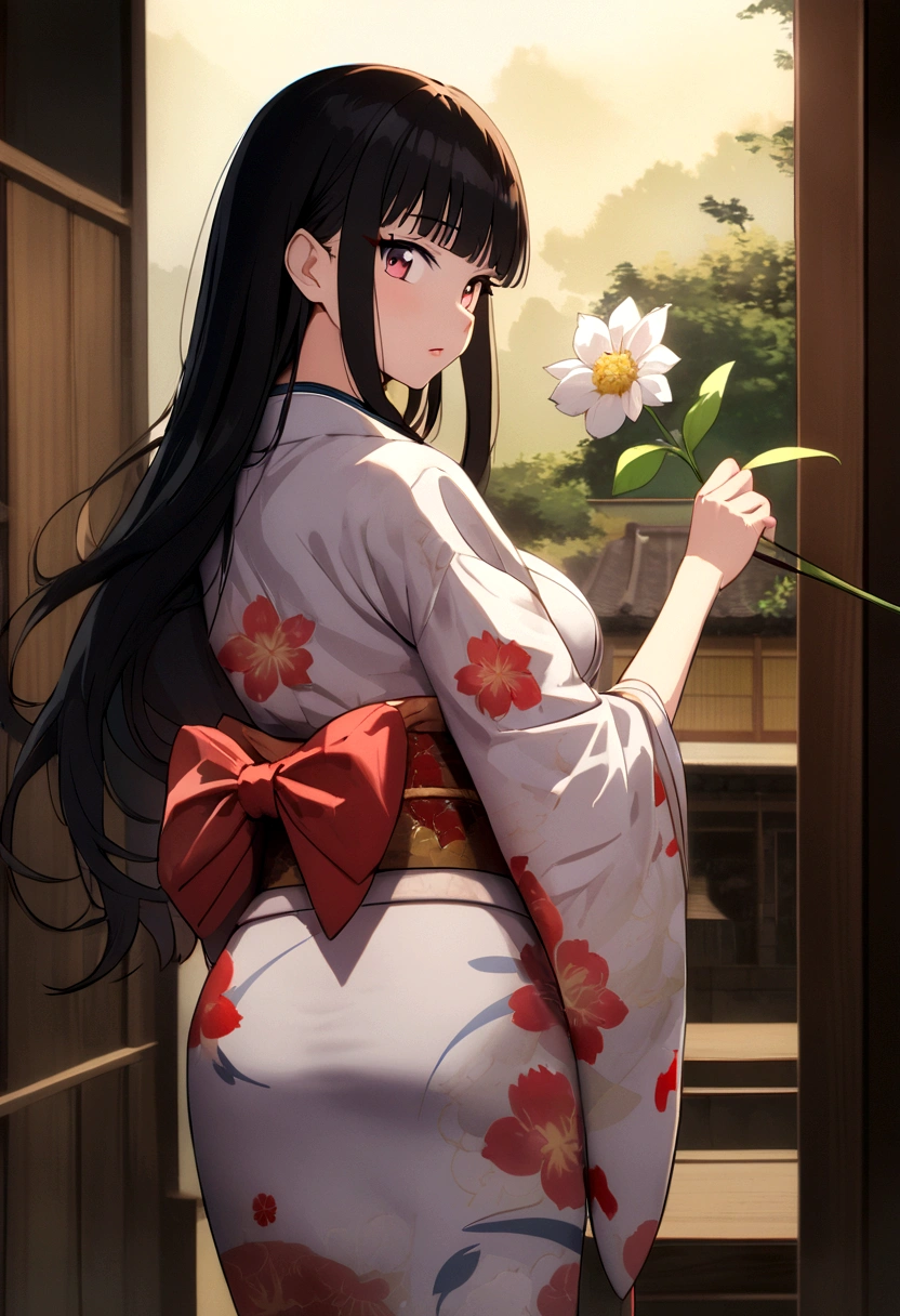 Anime, Japanese traditional woman, long hair, dressed in kimono, bending to pickup flower, big bust, looking back