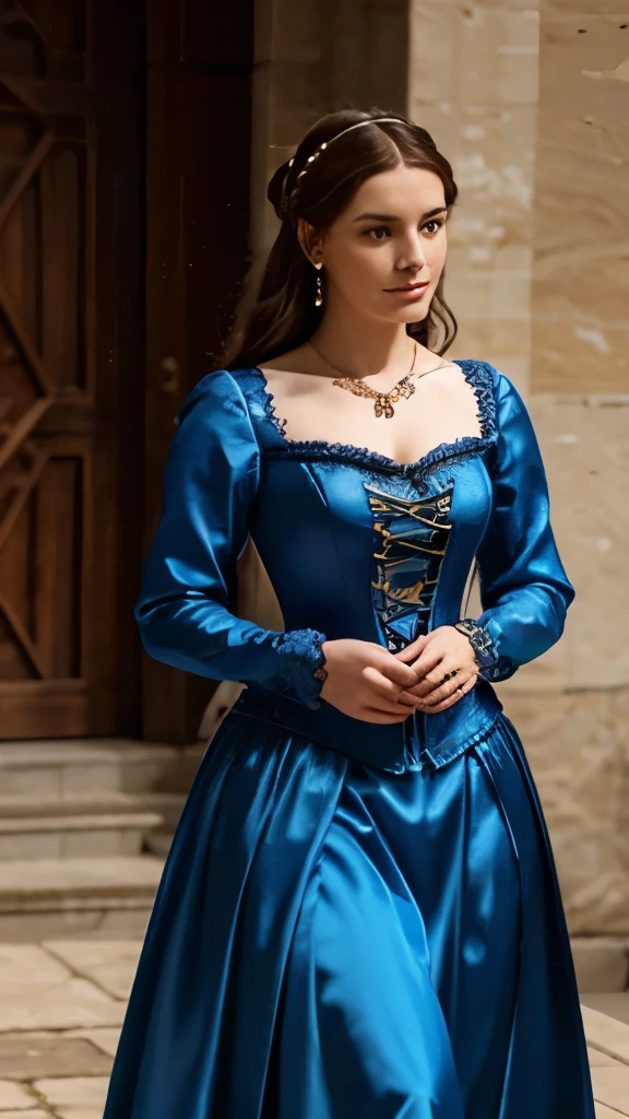  a woman in a dress with a necklace, costume with blue accents, in a high renaissance style, dressed in a medieval lacy, blue corset, in a renaissance style, corset, beautiful costume, 1 7 th century duchess, georgian dress amazing fabric, with victorian clothing, # rococo, intricate victorian dress, 1 8 th century style, wearing corset