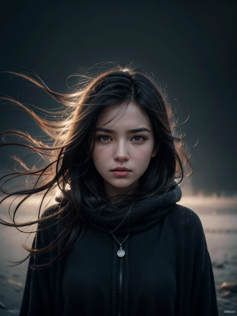 a black and white photo look From behind the thick fog appeared of a uzbek woman's face with strands of hair blowing in the wind covering her face by irakli nadar, open eyes, dynamic pose, floating hair, perfect object,  foggy weather, motion blur, tumblr, flora borsi, melancholic art, emotive portrait, wlop, 8k, artistic, surreal portrait photography, yuri shwedoff and tom bagshaw