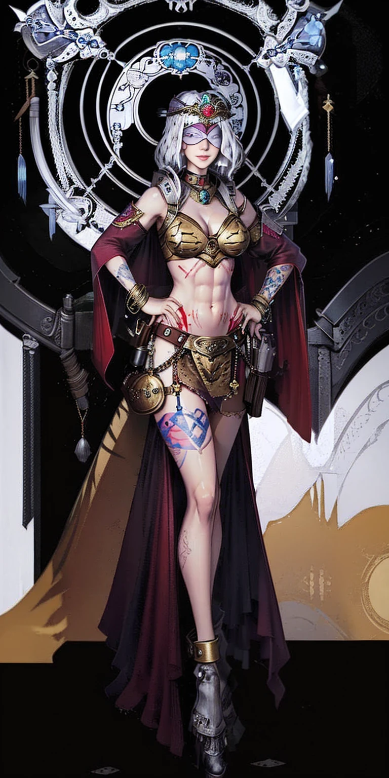 Two long thighs, short hair, large breasts, detached sleeves, royal tiara, long cape, yellow tiger bikini, high heels, hands on hips. red tattoo on belly navel, full body female MILF BIMBO, lustful smirking smile face (red blush), metal shoulders, golden bracers sleeveless, black choker sex slave, blindfolded, leather corset abs navel, parted lips, blindfolded blindfold blind mask, full body toe to head, masterpiece, 1soloMILF BIMBO standing loincloth pose, leather collar choker neck bell shackles wristbands bracers bracelets sleeves and stockings, strong body, abs, shiny skin (masterpiece, best quality) 1girlsolo wearing 40K Warhammer sisters of battle whsororitas (plain background)