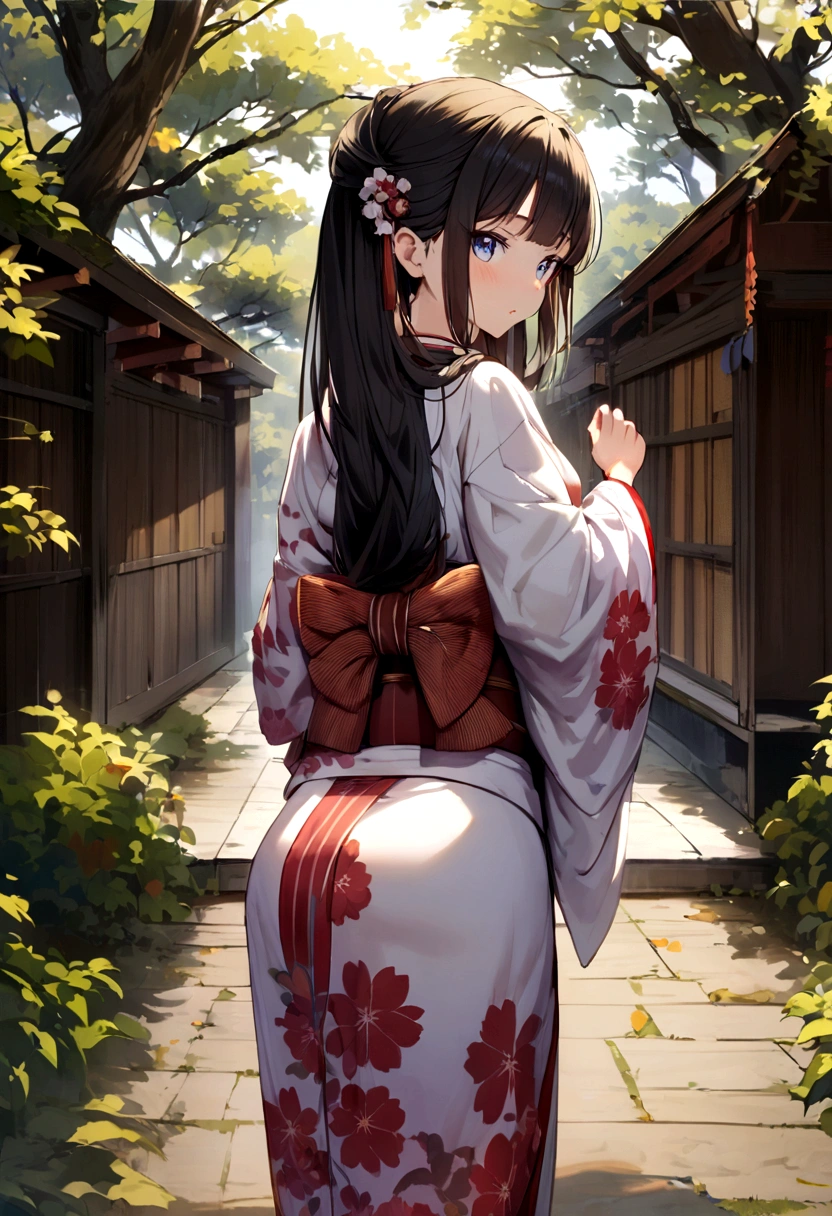 Anime, Japanese traditional woman, long hair, dressed in kimono, bending, looking back
