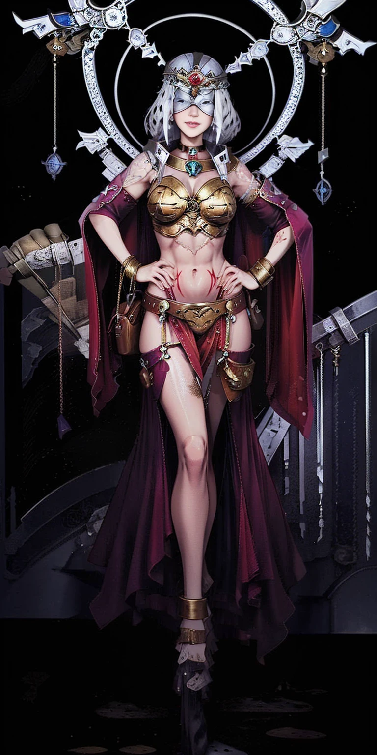 Two long thighs, short hair, large breasts, detached sleeves, royal tiara, long cape, yellow tiger bikini, high heels, hands on hips. red tattoo on belly navel, full body female MILF BIMBO, lustful smirking smile face (red blush), metal shoulders, golden bracers sleeveless, black choker sex slave, blindfolded, leather corset abs navel, parted lips, blindfolded blindfold blind mask, full body toe to head, masterpiece, 1soloMILF BIMBO standing loincloth pose, leather collar choker neck bell shackles wristbands bracers bracelets sleeves and stockings, strong body, abs, shiny skin (masterpiece, best quality) 1girlsolo wearing 40K Warhammer sisters of battle whsororitas (plain background)