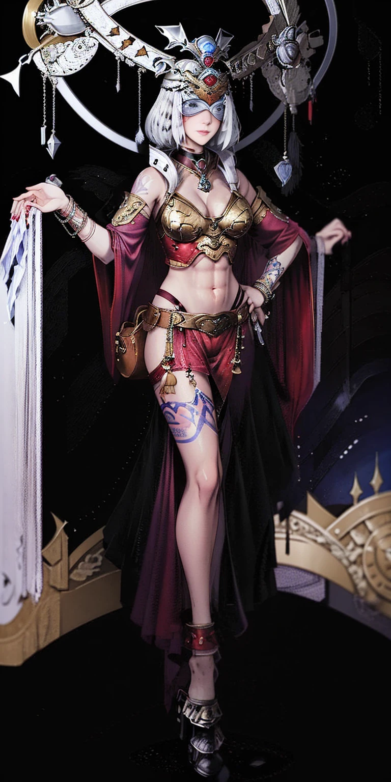 Two long thighs, short hair, large breasts, detached sleeves, royal tiara, long cape, yellow tiger bikini, high heels, hands on hips. red tattoo on belly navel, full body female MILF BIMBO, lustful smirking smile face (red blush), metal shoulders, golden bracers sleeveless, black choker sex slave, blindfolded, leather corset abs navel, parted lips, blindfolded blindfold blind mask, full body toe to head, masterpiece, 1soloMILF BIMBO standing loincloth pose, leather collar choker neck bell shackles wristbands bracers bracelets sleeves and stockings, strong body, abs, shiny skin (masterpiece, best quality) 1girlsolo wearing 40K Warhammer sisters of battle whsororitas (plain background)