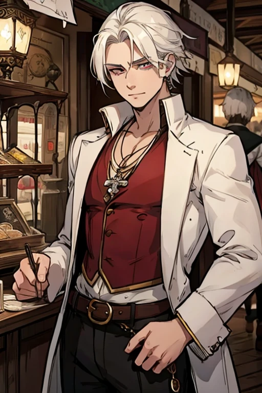 A young white haired man with ruby eyes in a pirates's outfit is shopping at a jewelry stand in a pirate's city