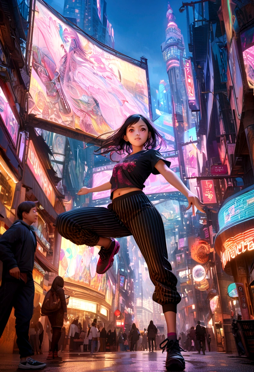 a swan-like girl wearing a t-shirt, thick vertical striped pants, shopping in a busy city street, detailed face, beautiful eyes, vivid colors, highly detailed, 8k, photorealistic, concept art, vibrant cityscape, neon lights, dynamic pose